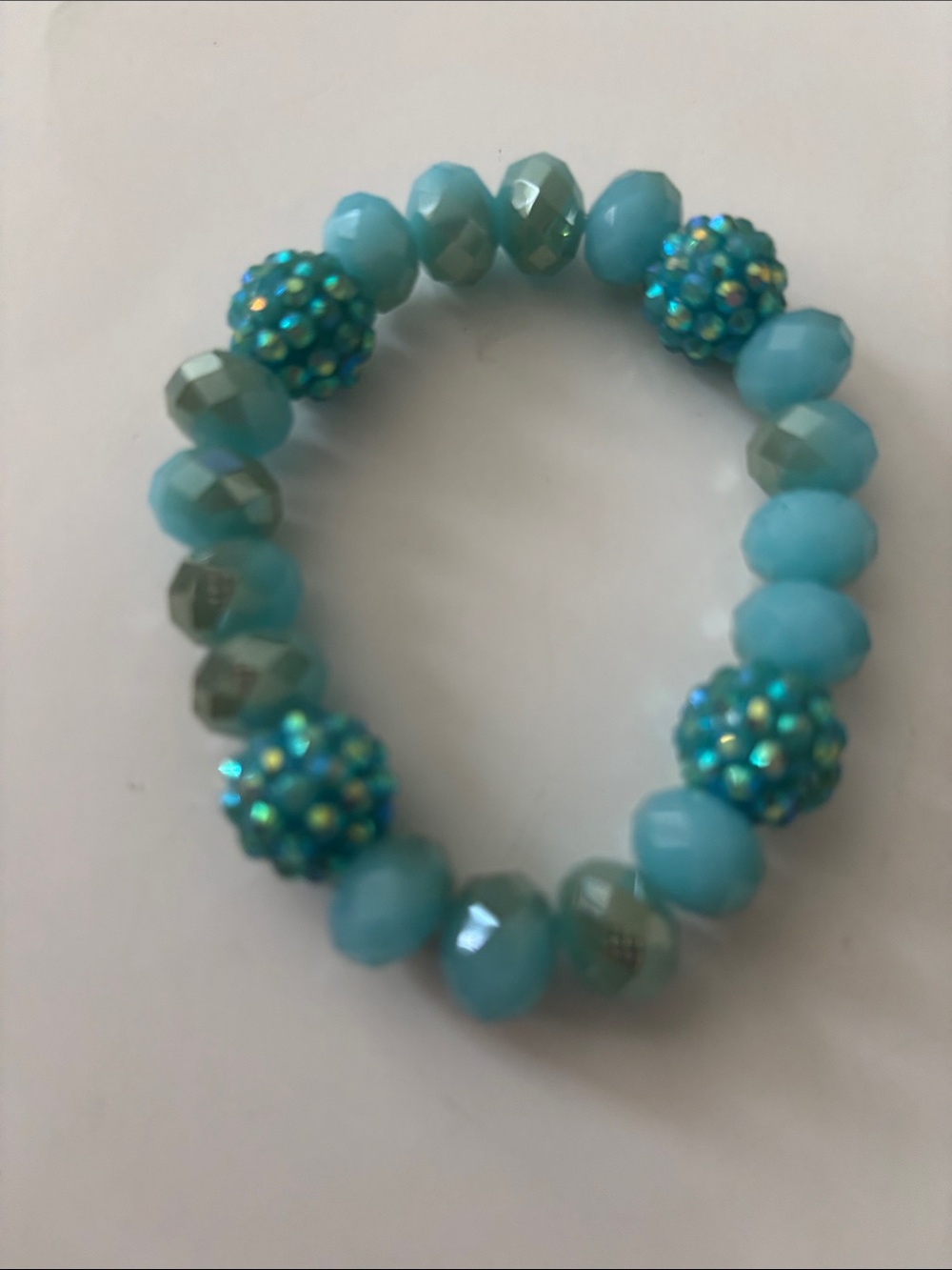 Source Unknown Turquoise Beaded Stretch Bracelet with Rhinestone Disco Balls